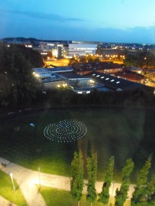 The temporary sand labyrinth was built on 'The Oval', the green space next to the Frank Lee Centre